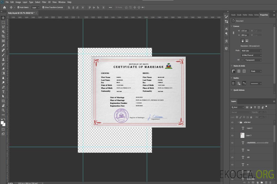 Modèle PSD de certificat de mariage en Haïti template